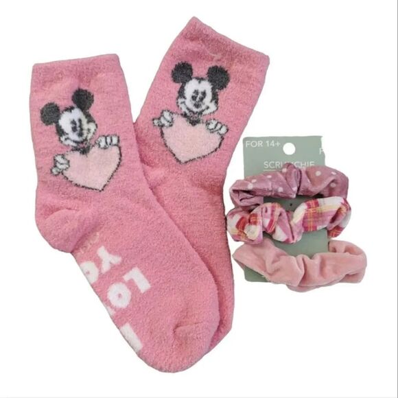 Disney Pink Mickey Socks Minnie Earrings And Hair Scrunchies Bundle NWT - Picture 3 of 13